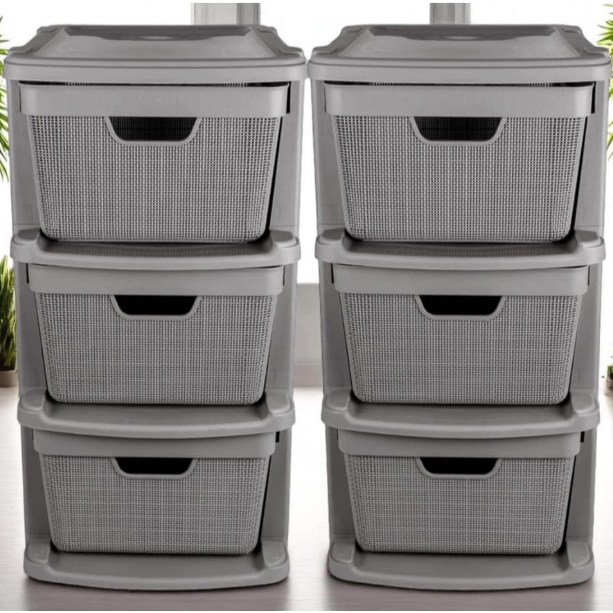 Kit 2 Gaveteiros Organizador de Chão Em Plástico Juta Com 3 Gavetas 15 Litros Multiuso Jaguar