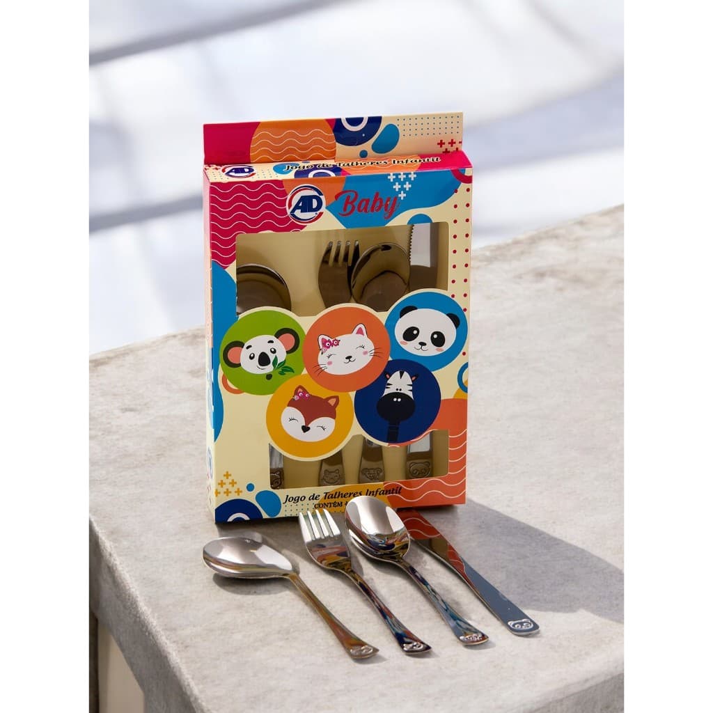 ✔ Conjunto de Talheres Infantil Inox 4 Peças – Kit Talheres Baby para Alimentação Infantil