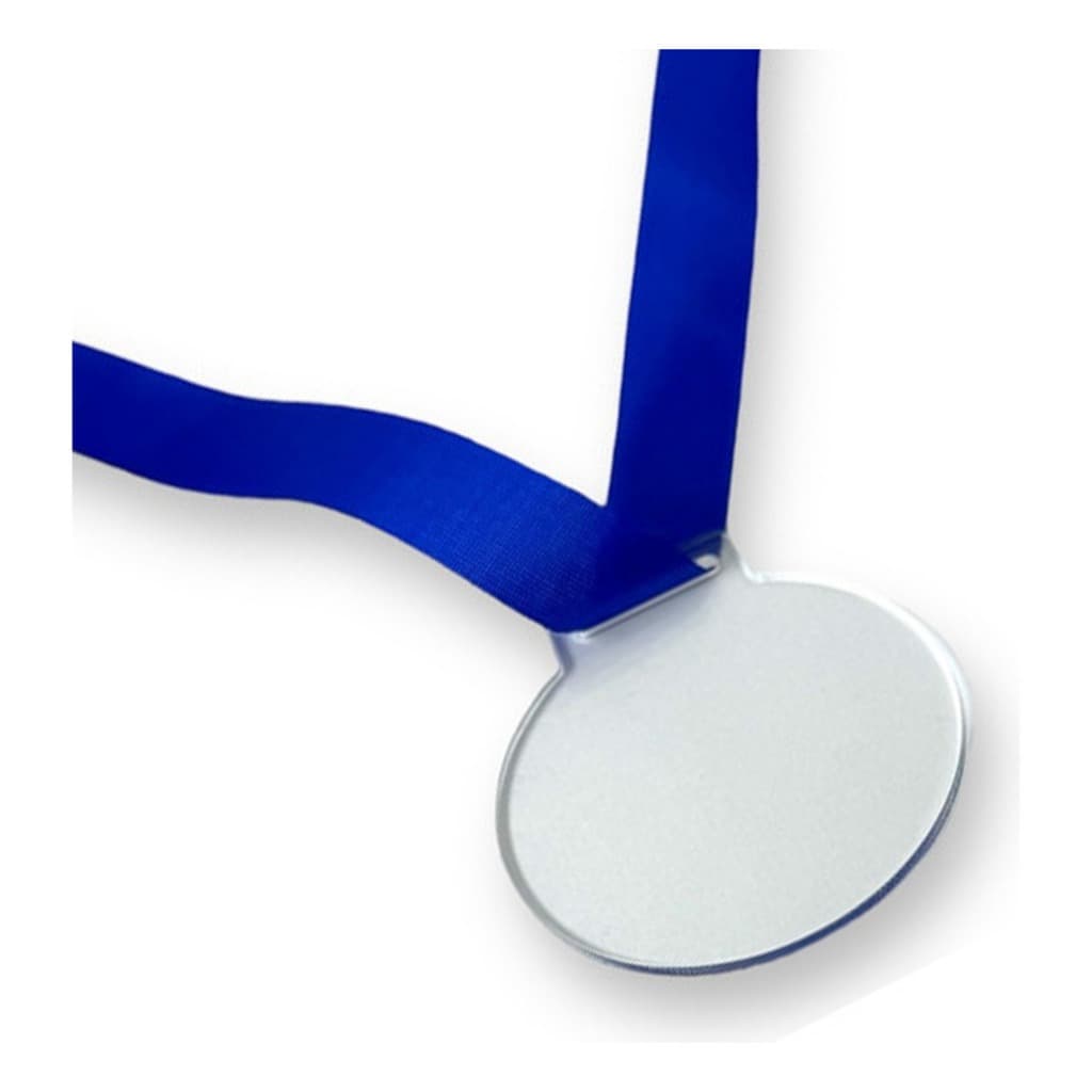 50 Medalhas Redondas 6cm Acrílico Cristal 2mm C/ Fita Azul