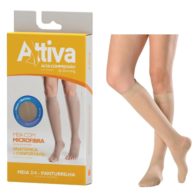 Meia Panturrilha 3/4 Alta Compressão 20-30mmHg Attiva Ponteira Fechada Cor Natural