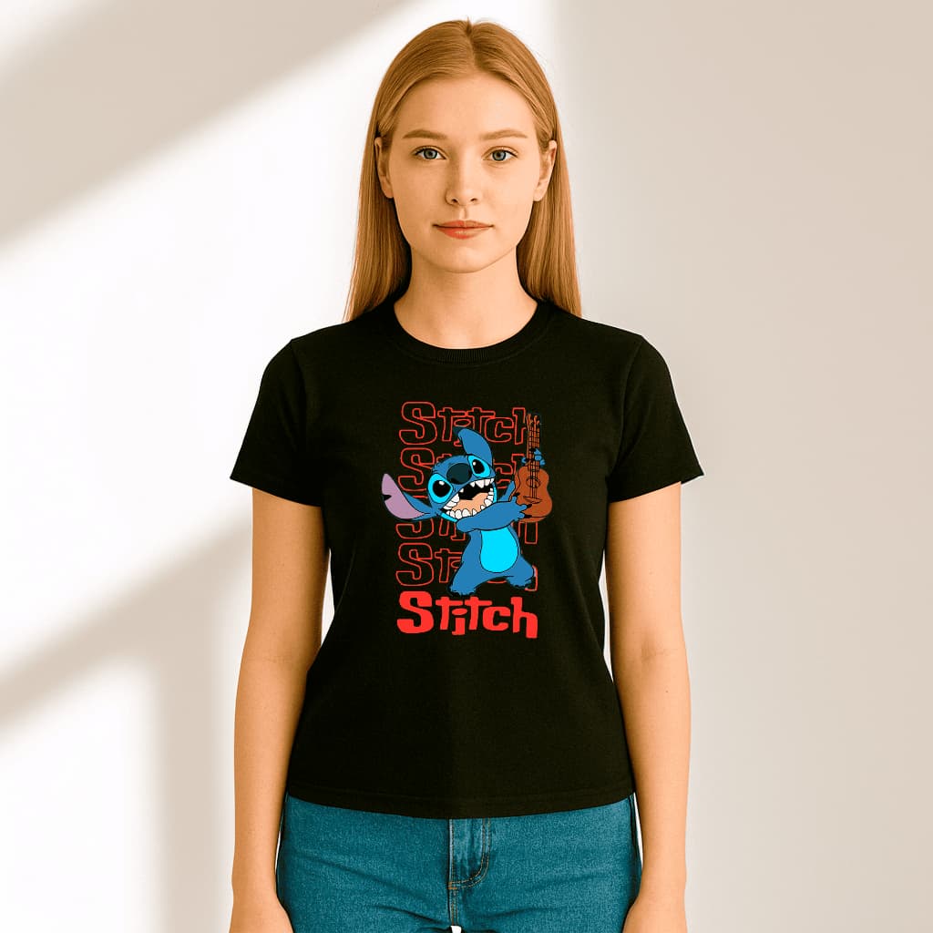 Camisa Feminina Stitch Lilo Ukulele 100% Algodão Casual Estampada Confortável Tshirt Camiseta Streetwear Blusa Leve