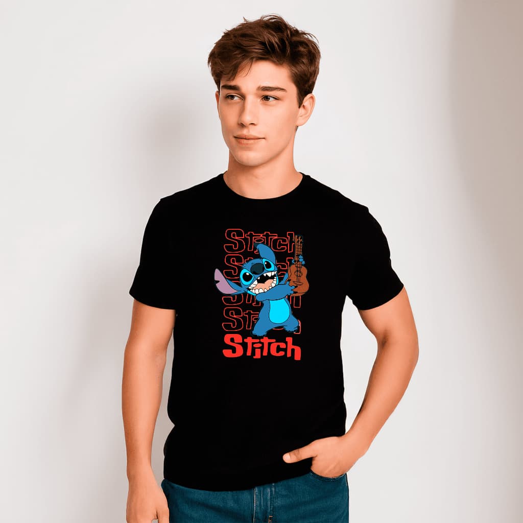 Camisa Masculina Stitch Lilo Ukulele 100% Algodão Casual Estampada Confortável Tshirt Camiseta Streetwear Blusa Leve