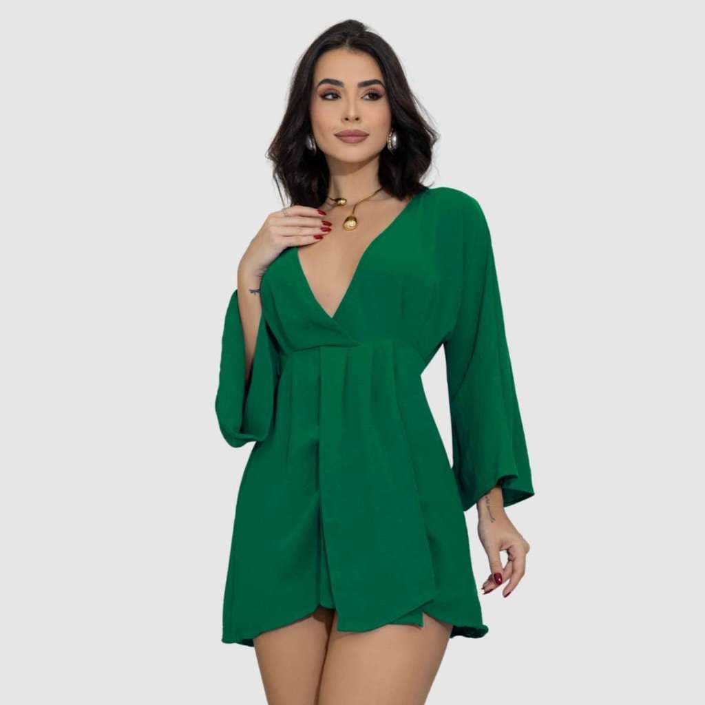 Vestido Curto Manga Longa Flare Decote V Soltinho Duna Verão