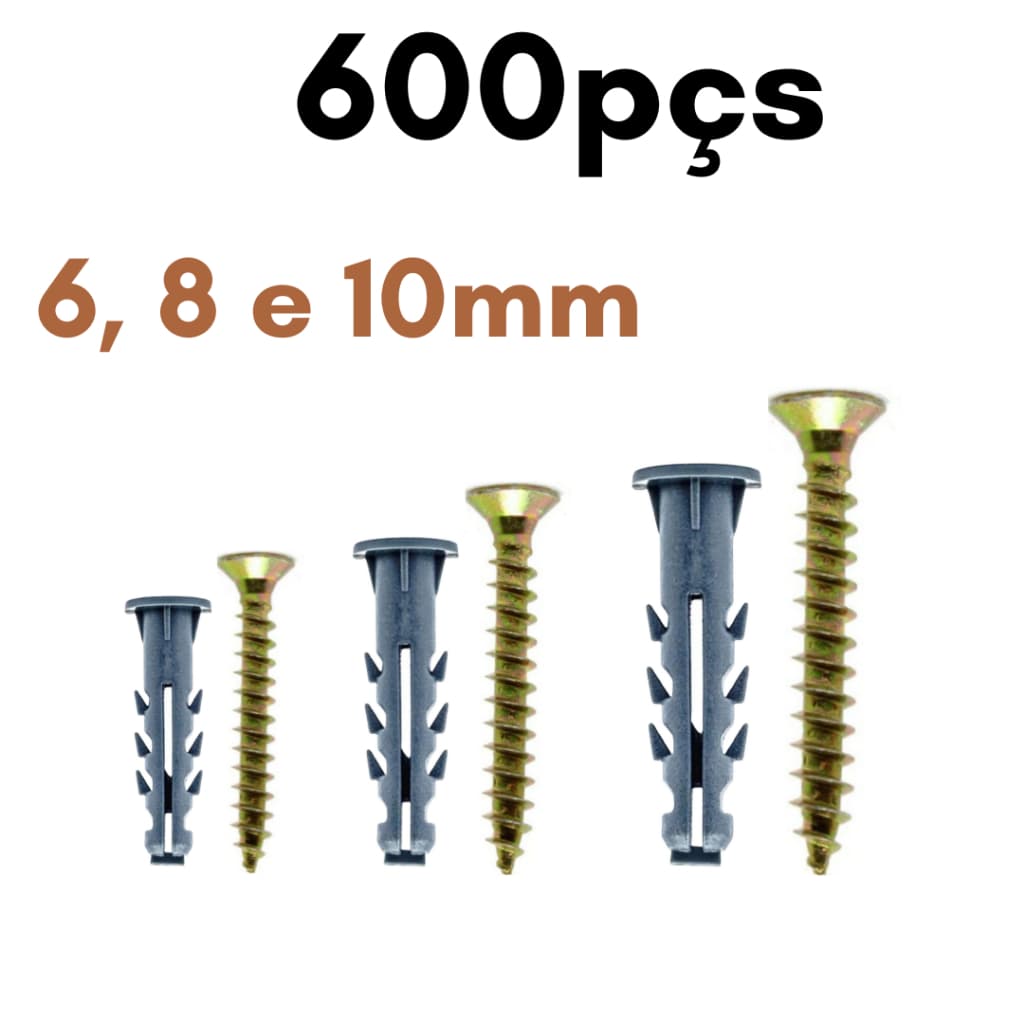 Kit Parafuso com Bucha 6mm 8mm 10mm com Anel Aba 600 peças Parafusos Philips Buchas 6 - 8 - 10