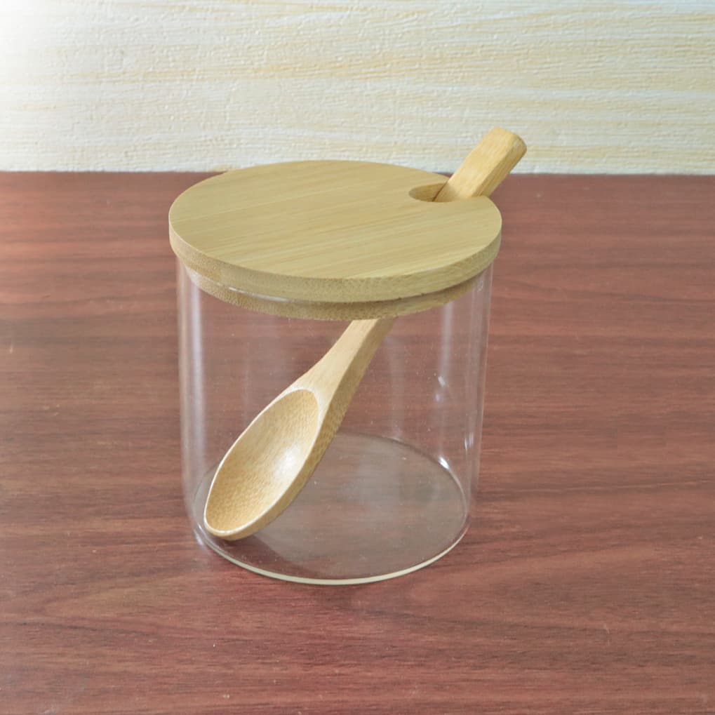 Pote de Vidro para Condimentos com Tampa e Colher de Bambu – 280 ml