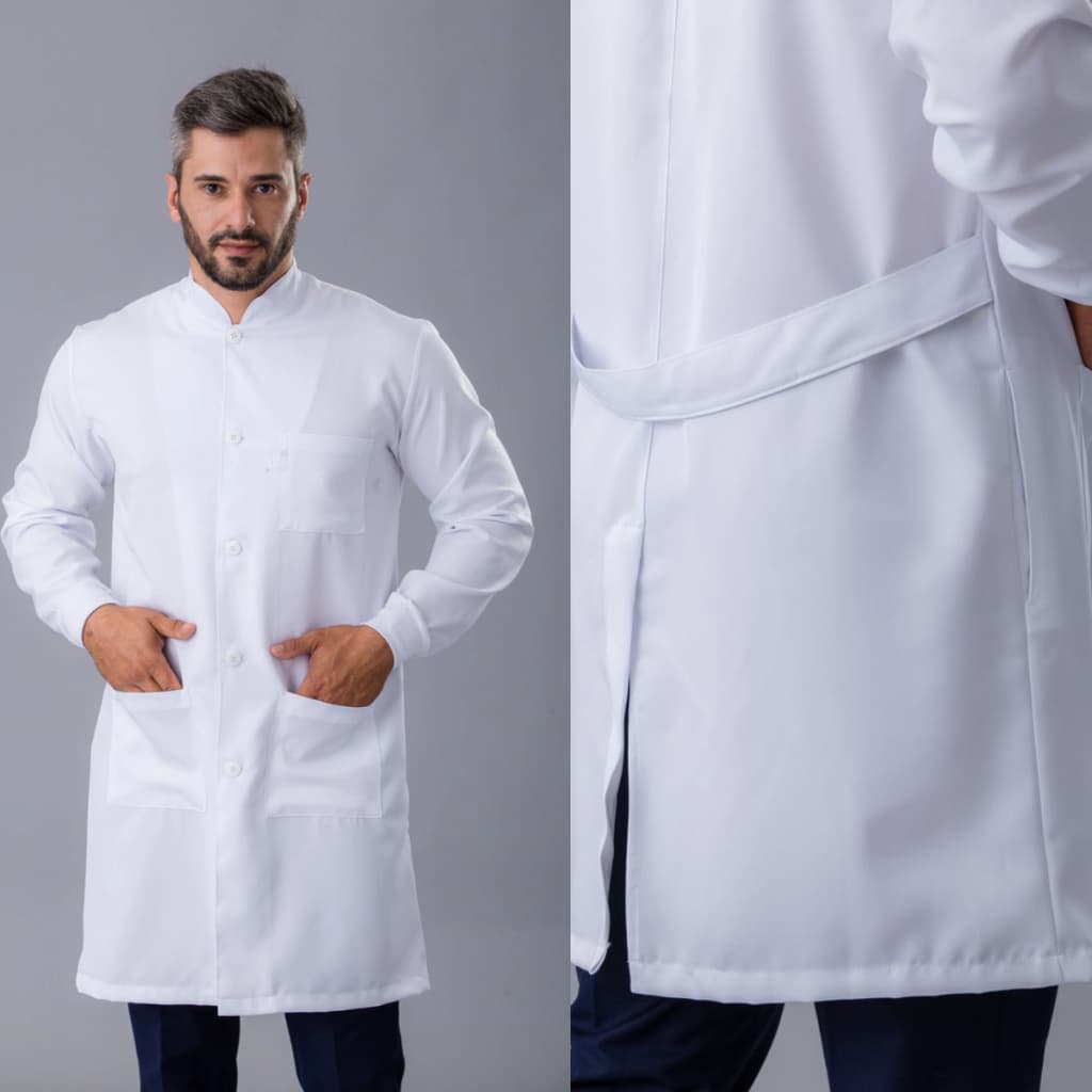 Jaleco Masculino Gabardine Gola Padre Manga Longa Branco Com Punho E Botão Avental
