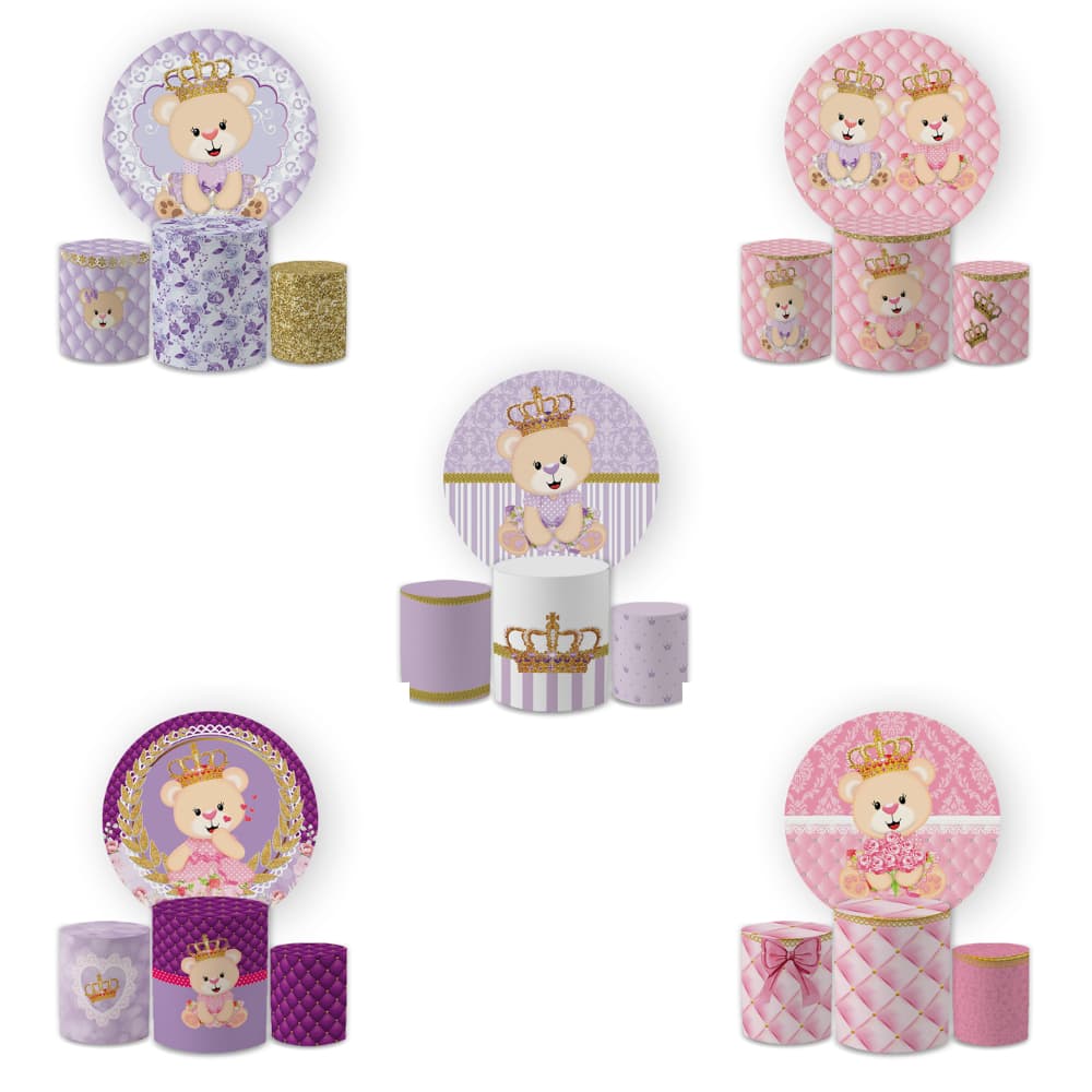 Kit Painel + Trio Capa Cilindro c/ Elástico Ursinha Realeza Rosa
