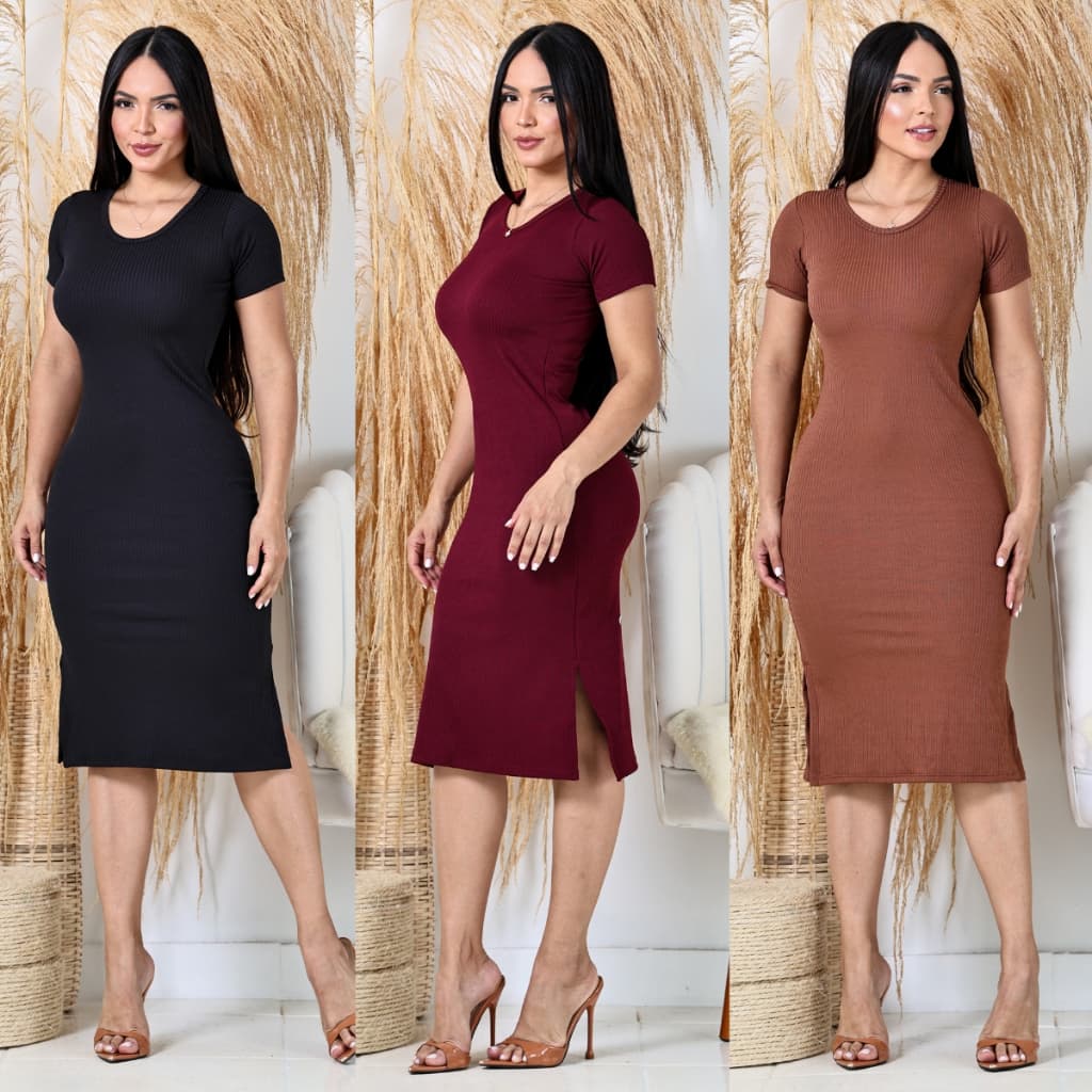 Vestido Midi Manga Curta Com Fenda Lateral Canelado Feminino P ao GG