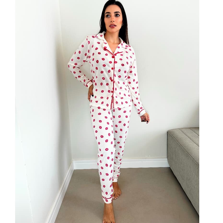 Pijama Feminino blogueirinha longo americano inverno gestante amamentação longo Calça e Blusa