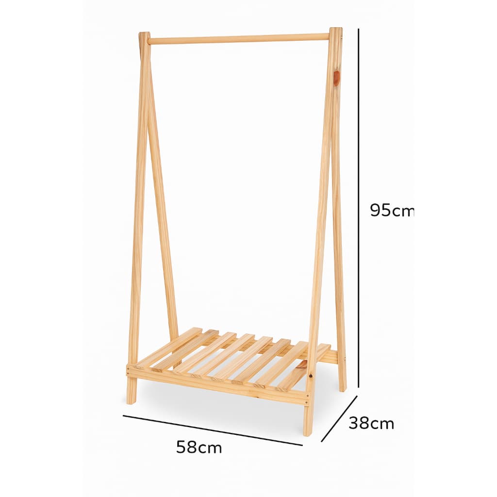 Arara de Roupas Infantil Montessoriana c/ Sapateira em Madeira Pinus – Cabideiro Educativo para Autonomia Infantil