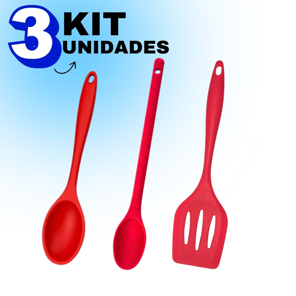 Kit 3 Utensílios 2 Colheres de Silicone 26,8cm E 30cm e 1 Espátula Vazada