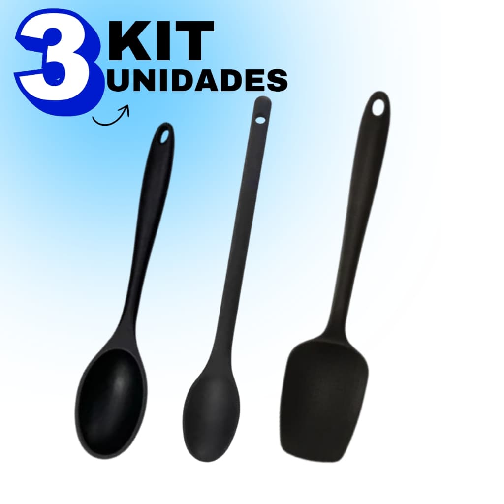 Kit 3 Utensílios 2 Colheres de Silicone 26,8cm E 30cm e 1 Espátula Quadrada Tipo Colher