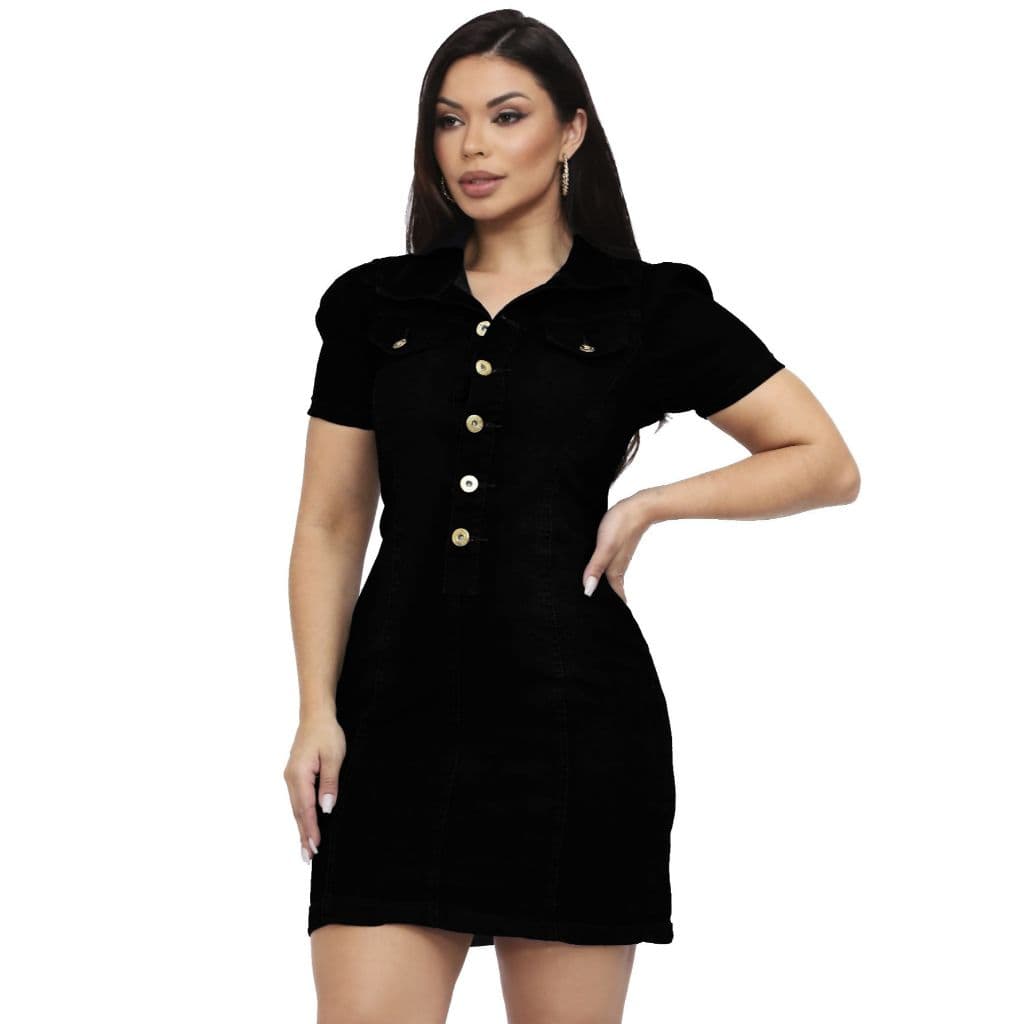 Vestido Jeans Feminino Mangas Bufantes com Lycra