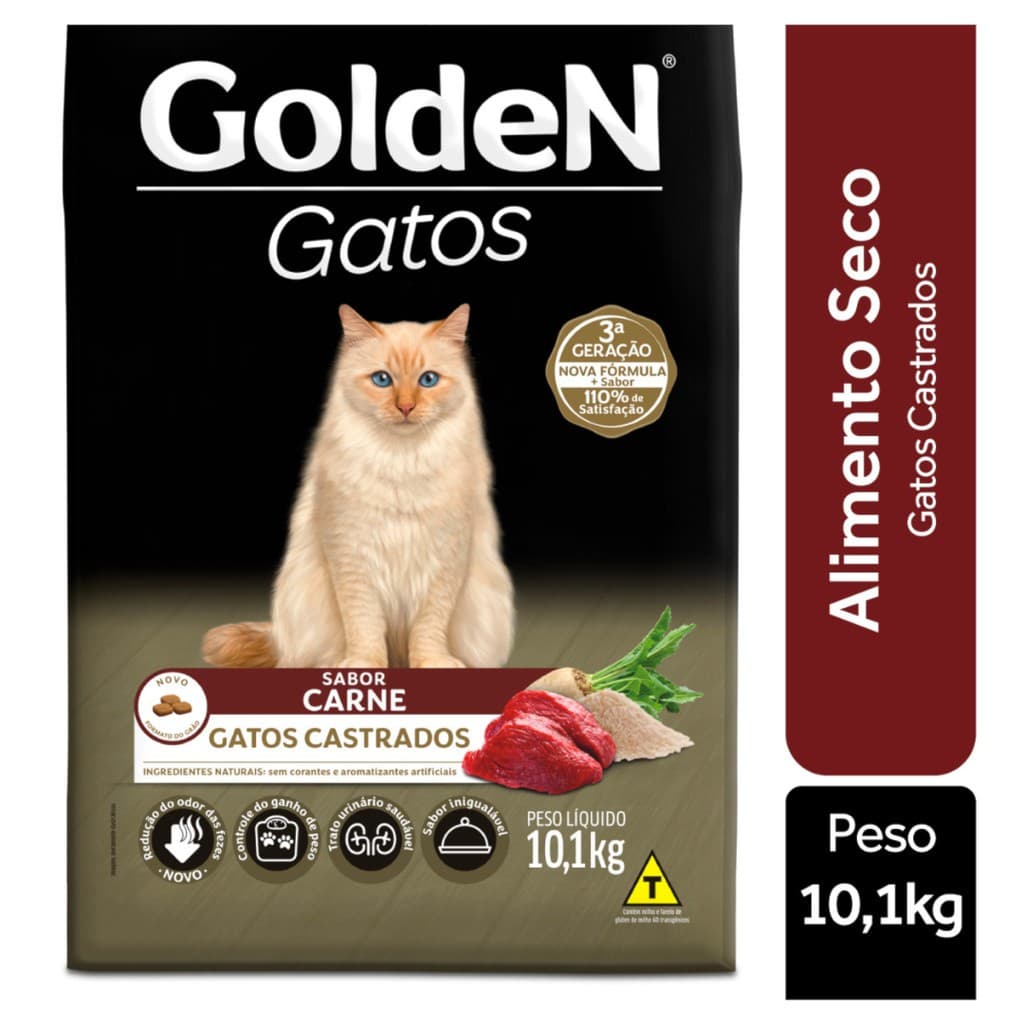 Ração Golden Gatos Adultos Castrados Carne 10kg