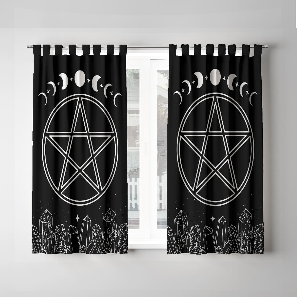 Cortina Pentagrama Wicca Cristais Em Tecido Decoração 2x1,4m