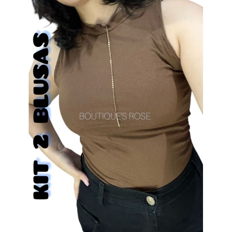 Kit 2 blusas femininas canelado gola alta