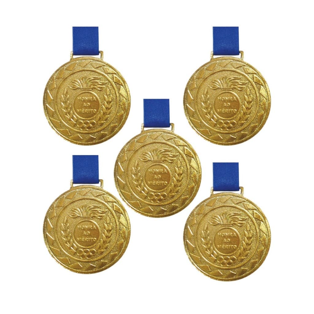 Kit 5 Medalhas em Metal com Fita Azul Tamanho 4,3cm