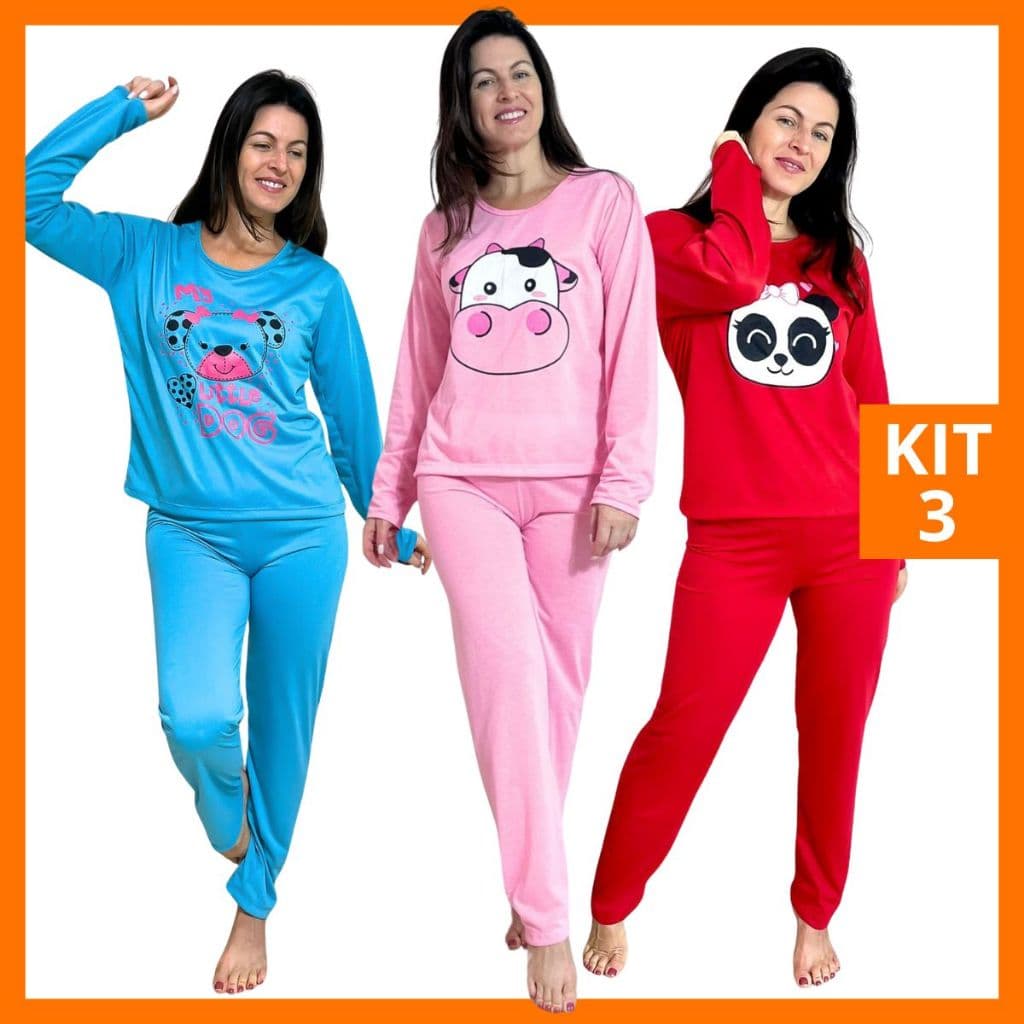 Kit 3 Pijama Feminino Longo Adulto Inverno Frio Manga Comprida Fechado com Estampa Calça Longa