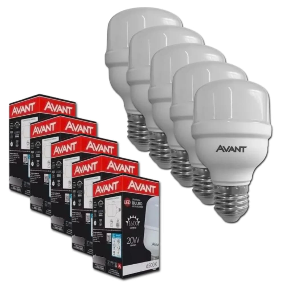Kit 5 / 10  Lâmpadas Led Bulbo Alta Potência 20w 6500k Atacado Avant Luz Branca Bi-Volt110V/220V