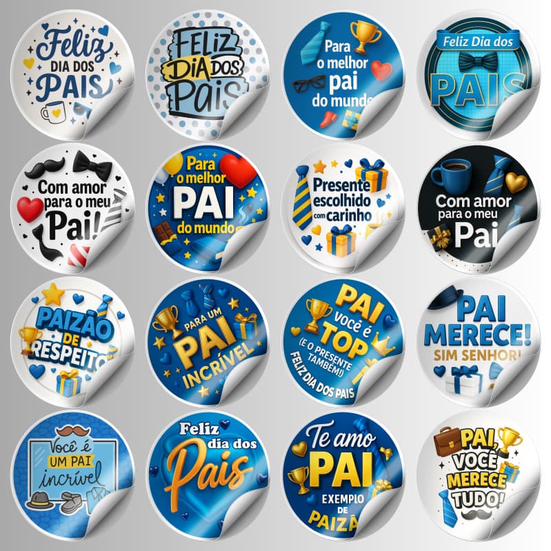 120 Etiquetas Adesivos Dia dos Pais 20 Modelos Diferentes 4x4cm Vinil Presente Embalagem Lembrancinha