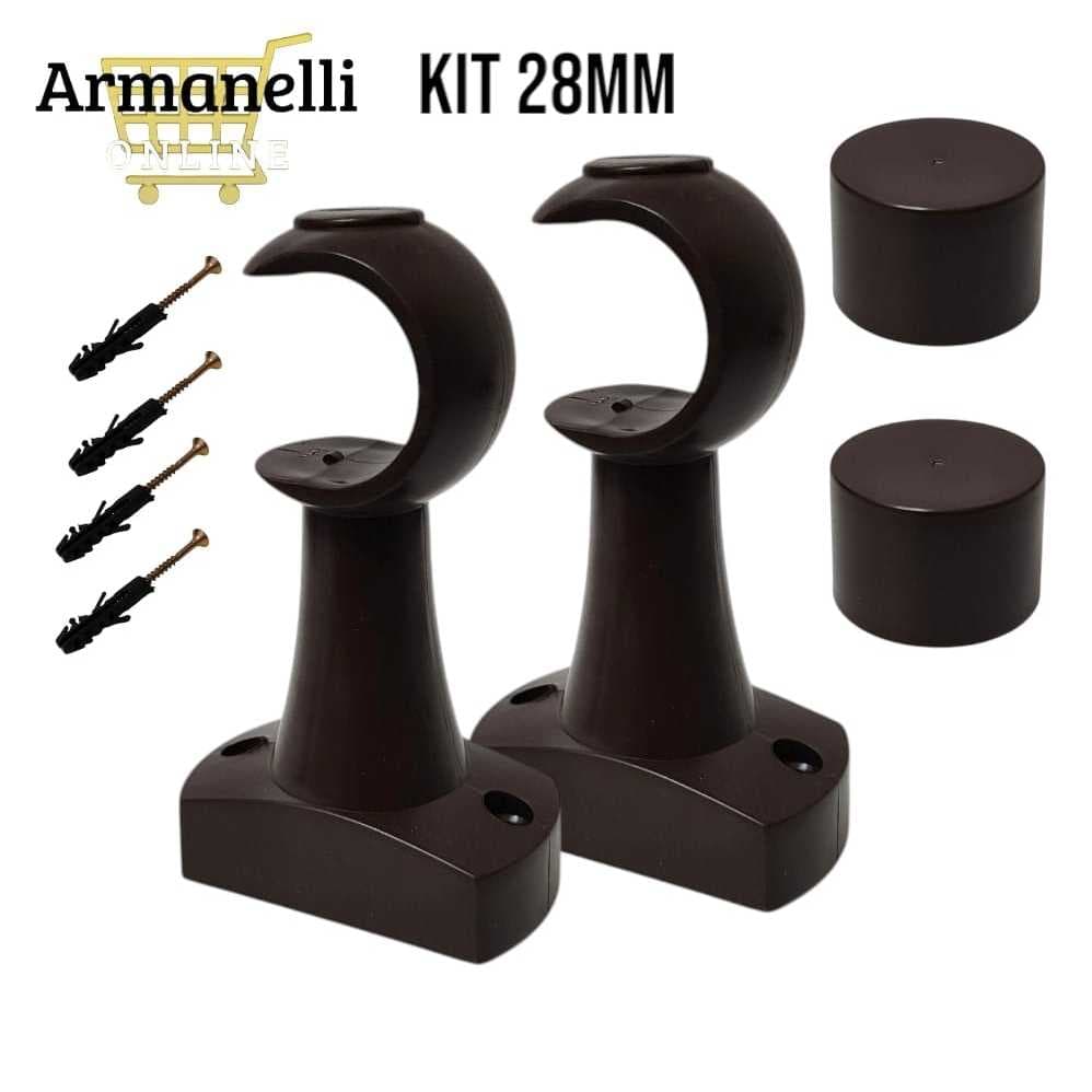 KIT C/ 02 SUPORTE + 02 PONTEIRAS PARA VARÃO DE CORTINA SIMPLES 28/19MM (Grosso/Fino) POLYWOOD