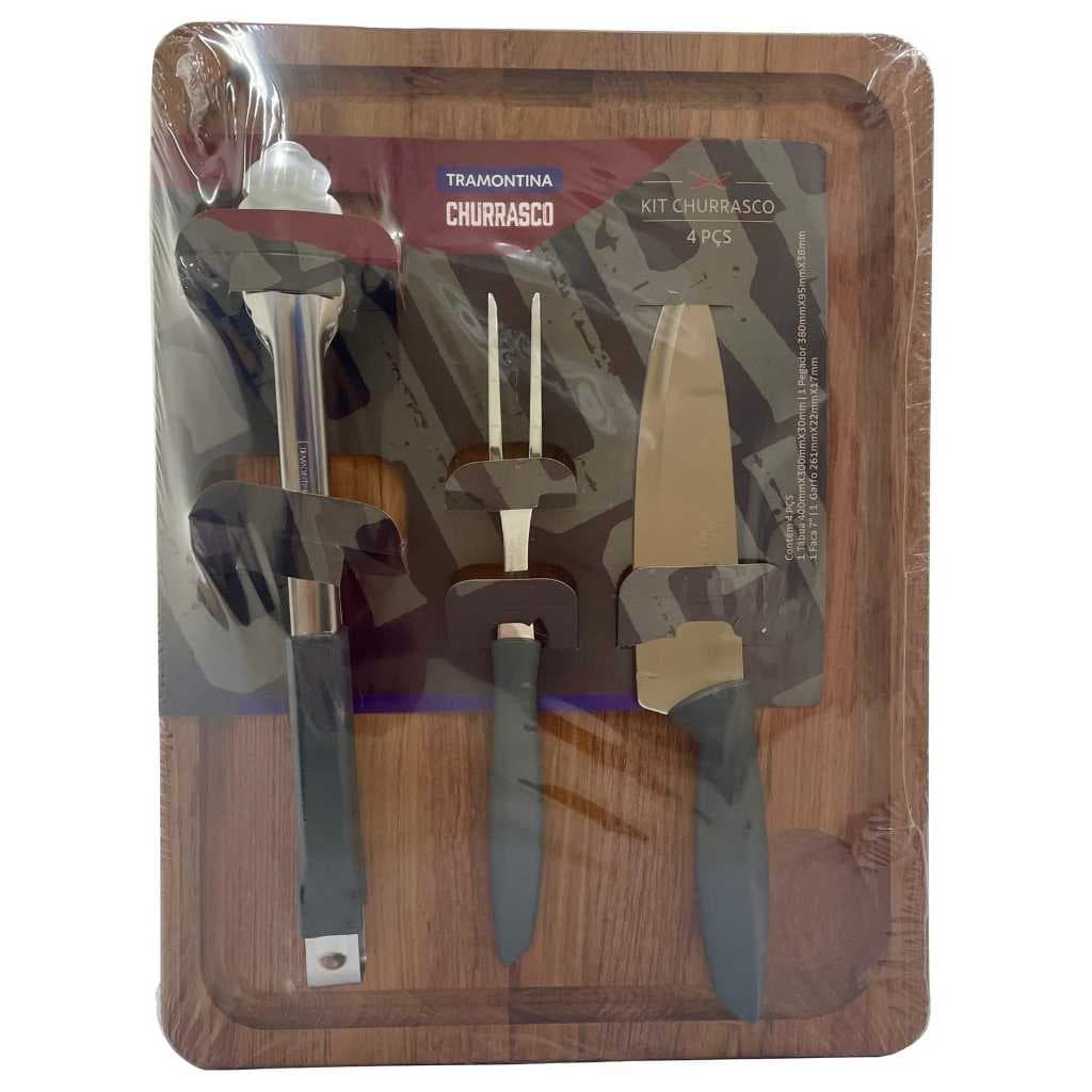Kit Churrasco Tramontina 4 Peças Jogo com Tábua Madeira Jatobá 40x30cm Faca Garfo Pegador Inox