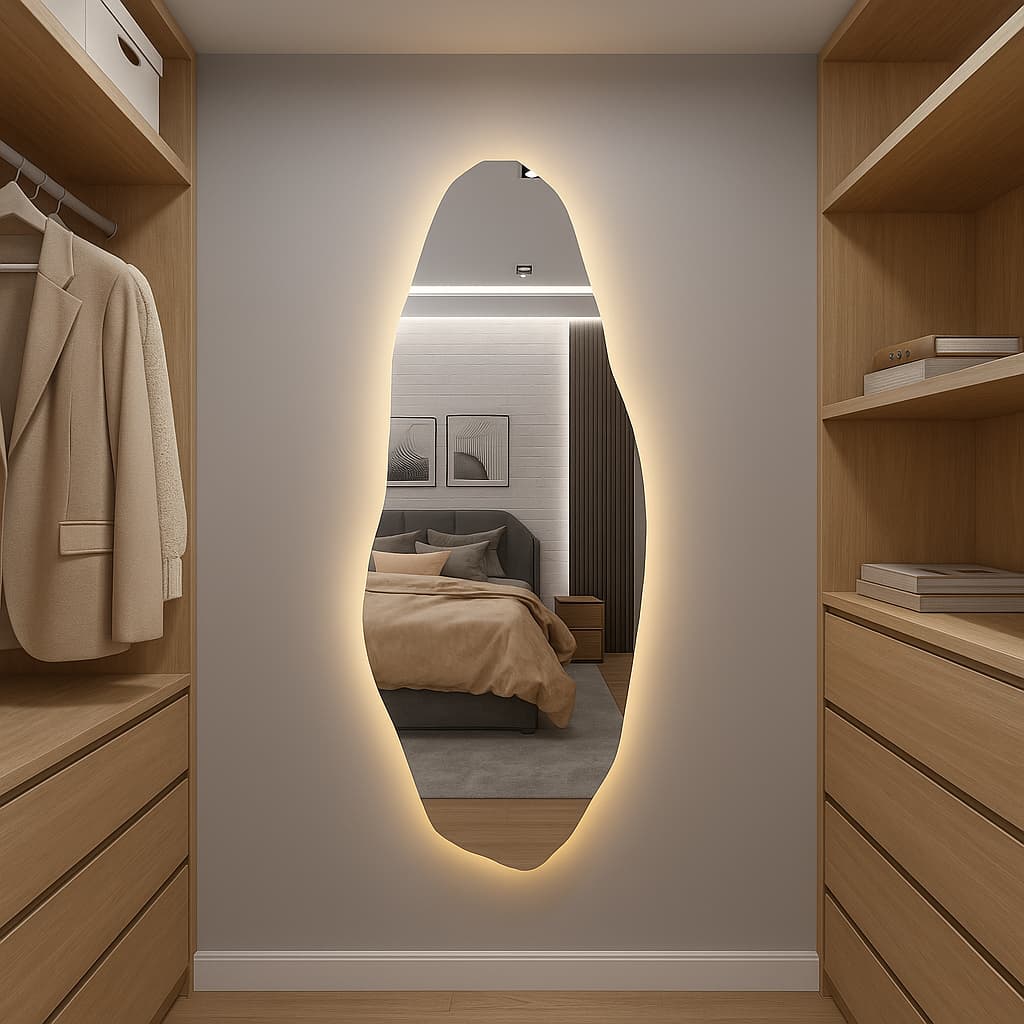 Espelho Orgânico Grande Led 150x40cm 170x50cm Luz Branco e Luz Amarela Corpo Inteiro Quarto Sala Salão Loja