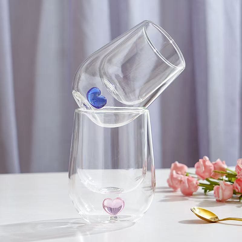 Copo vidro duplo com coração de vidro no fundo 200ml