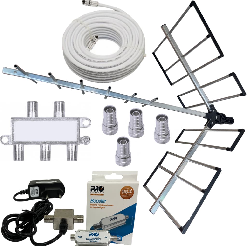 Kit Antena Digital Externa UHF Booster 40dB Tv Zona Rural Amplificada Boca De Jacare Nf
