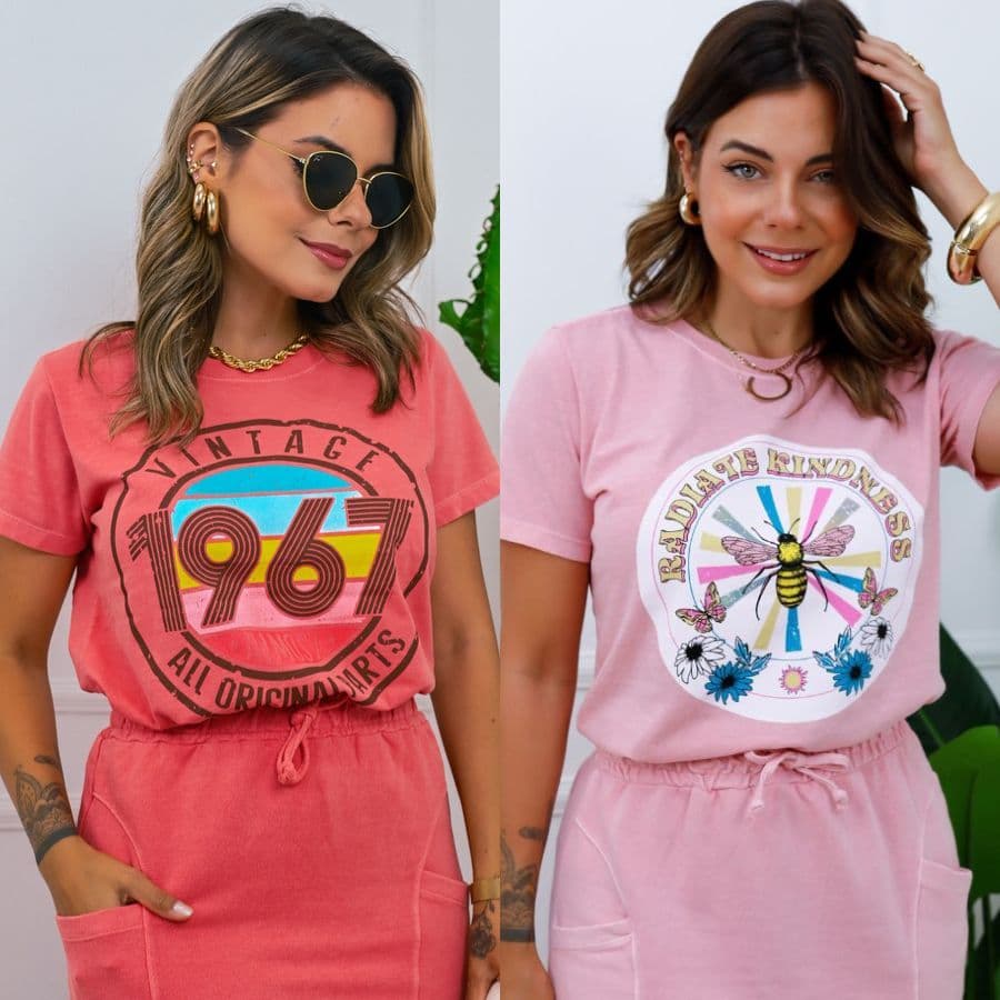 Blusa T-shirt Feminina 100% Algodão ESTONADA Manga Curta Gola Redonda - Moda Verão - L5
