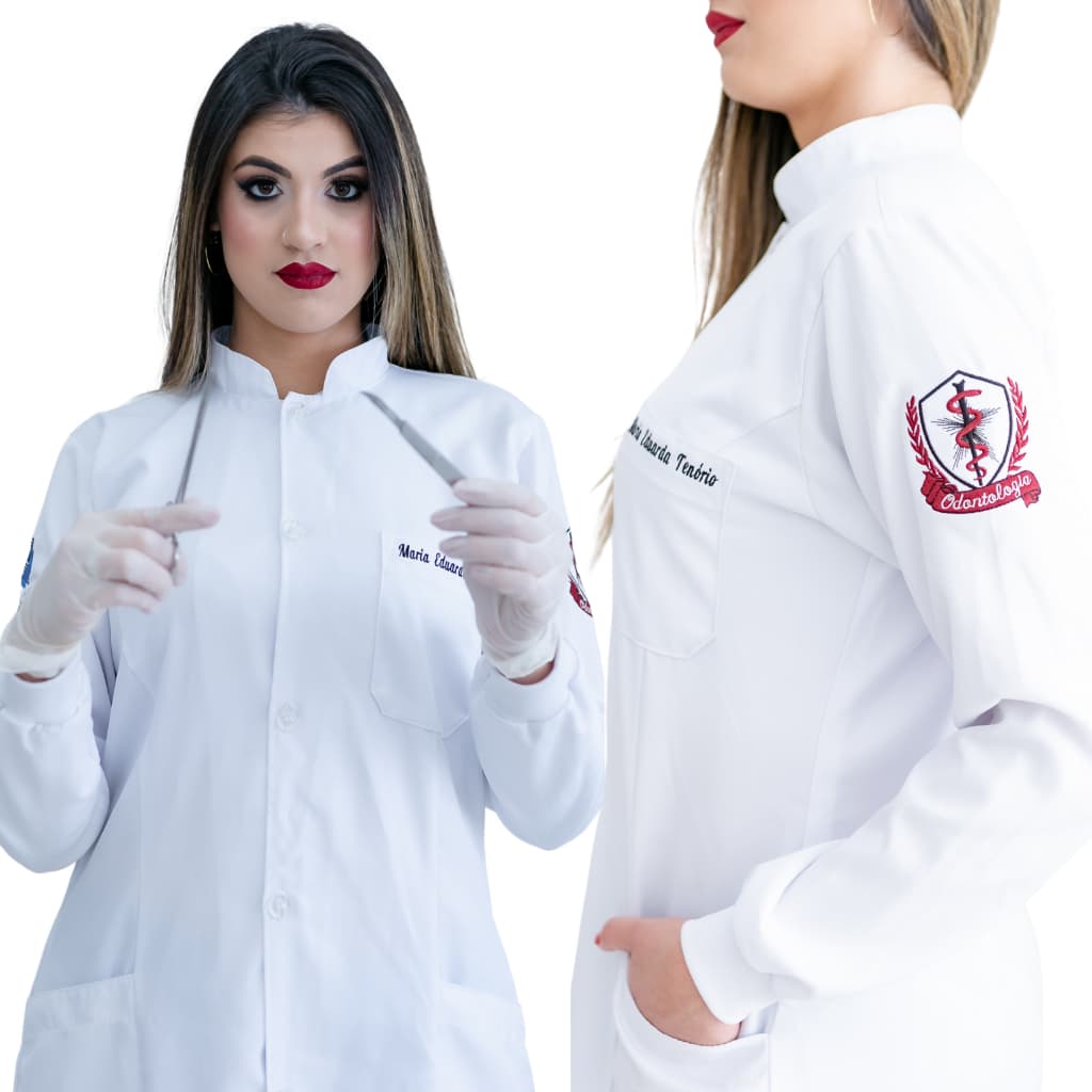 Jaleco Feminino Gabardine Gola Padre Punho Estudante Volta As Aulas Profissão Manga Longa