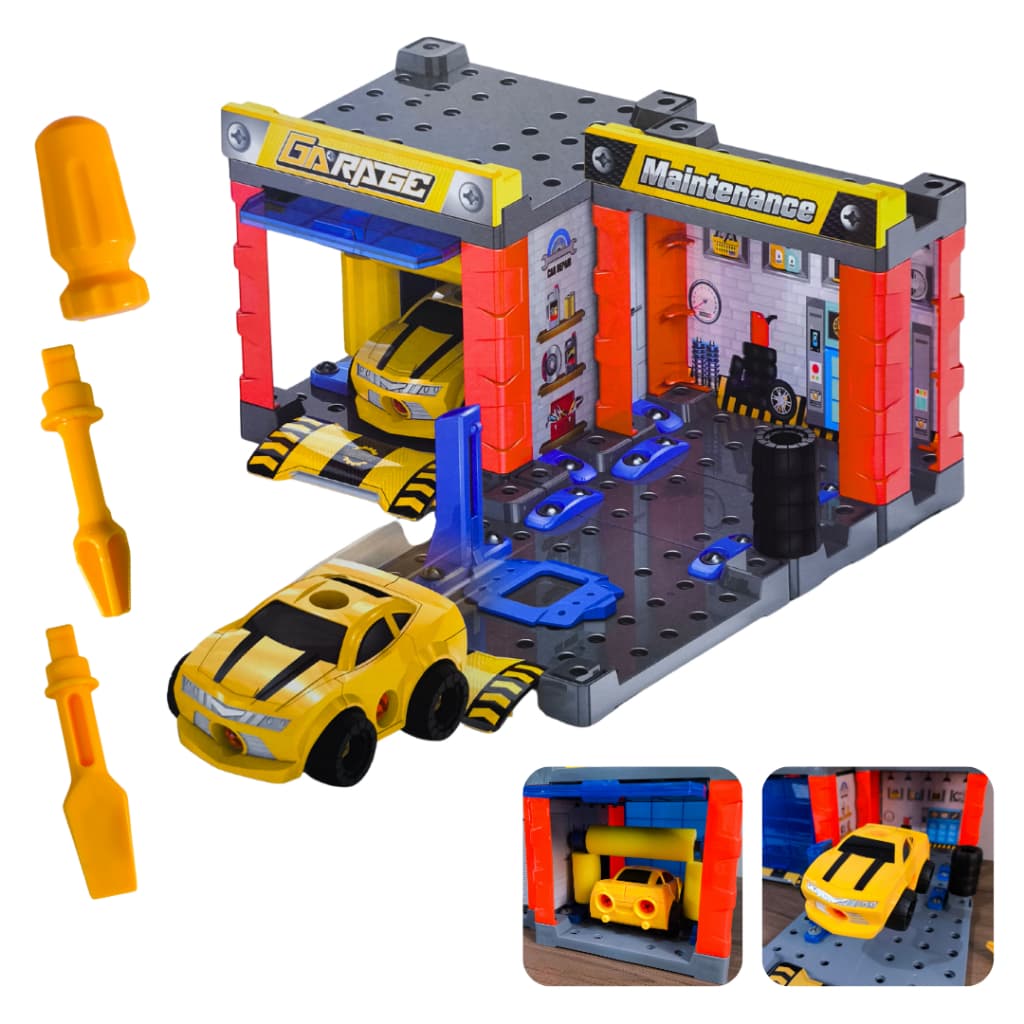 Mega oficina mecânica infantil kit completo com lava rápido carro acessórios e parafuso