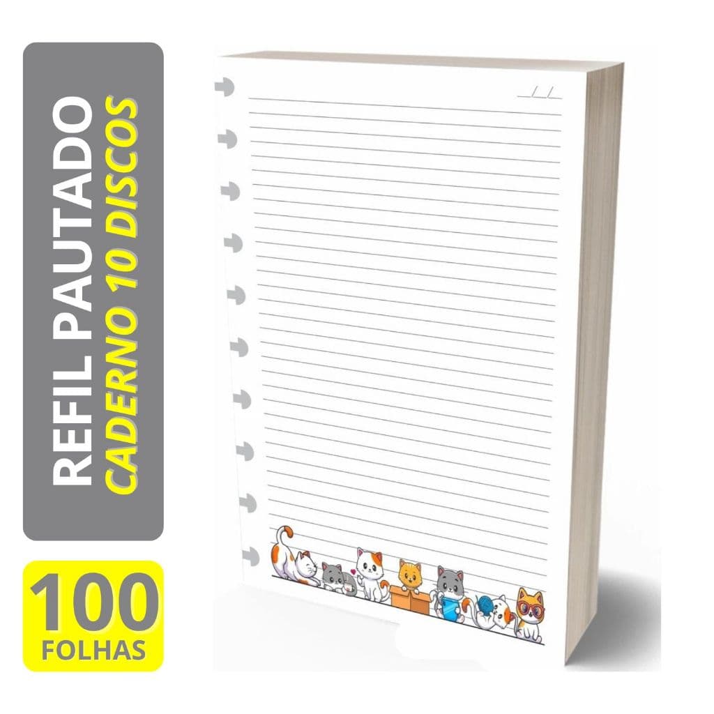 Refil Caderno de Discos B5 90g 10 Furos Gatinhos 100 Folhas