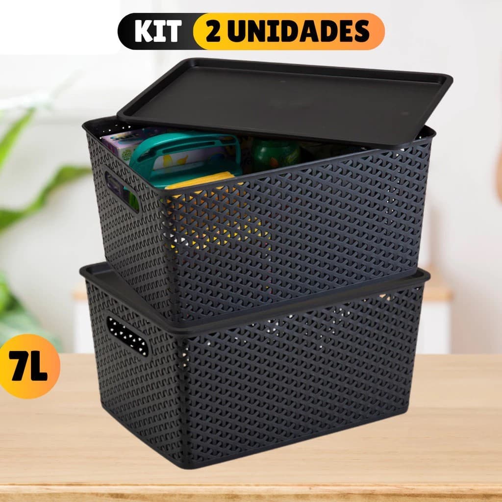 Kit Com 2 Cesto Caixa Organizadora Rattan Com Tampa 7 Litros Preto Multiuso Organizador