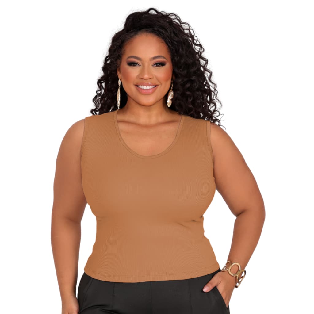 Regata Feminina Ribana Canelada Plus Size Gola V Lisa com Alta Elasticidade 44 ao 54  GG/G1/G2/G3/G4