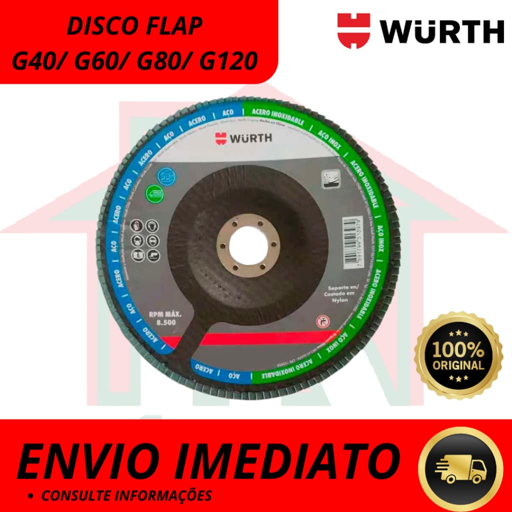 Disco Flap Lixa Aço Inox e Aço  4.1/2 X 7/8 - G40/ G60/ G80/ G120 Wurth