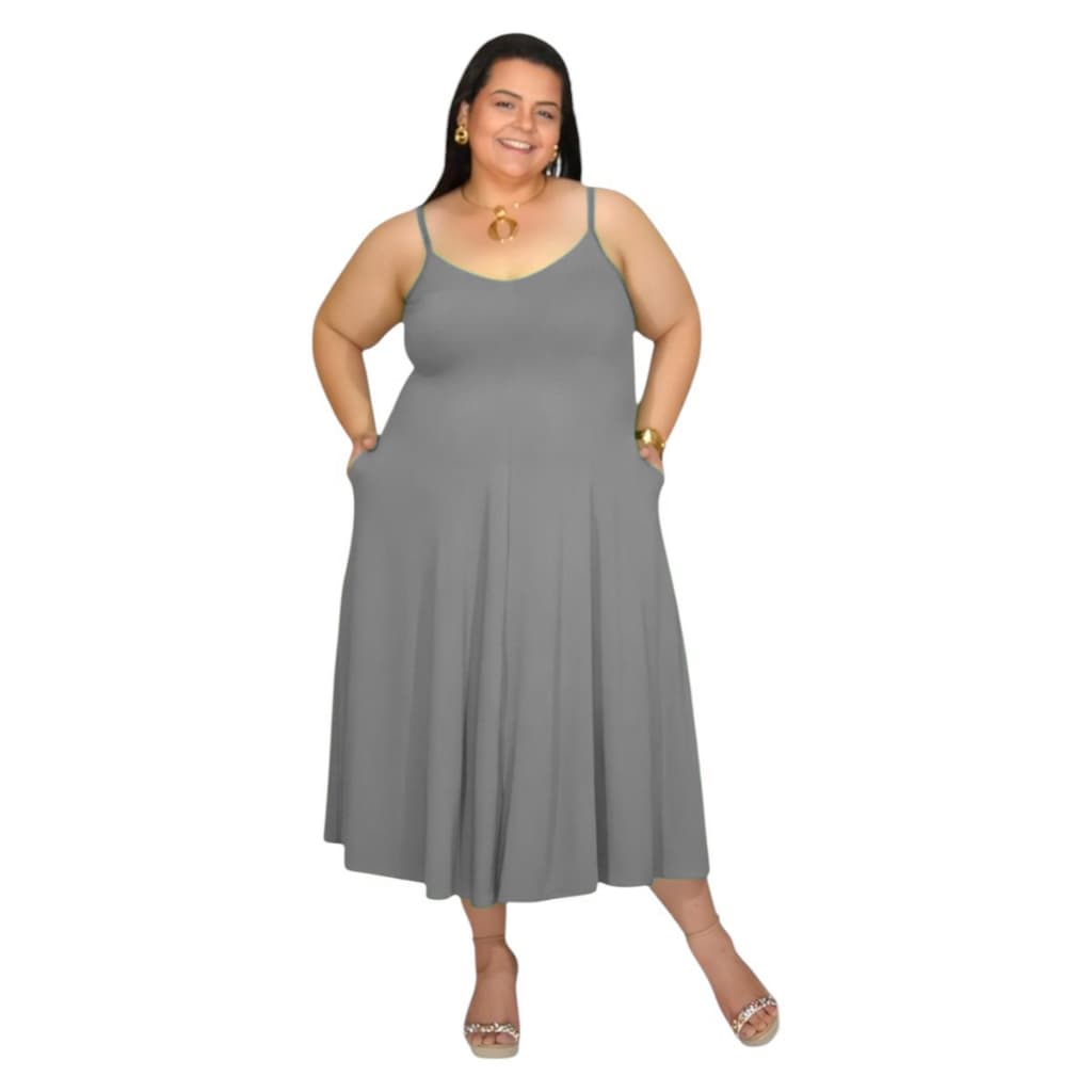Vestido Midi Plus Size Alça Fina Decote V | Fresquinho Confortável Estiloso Moda Verão Feminina