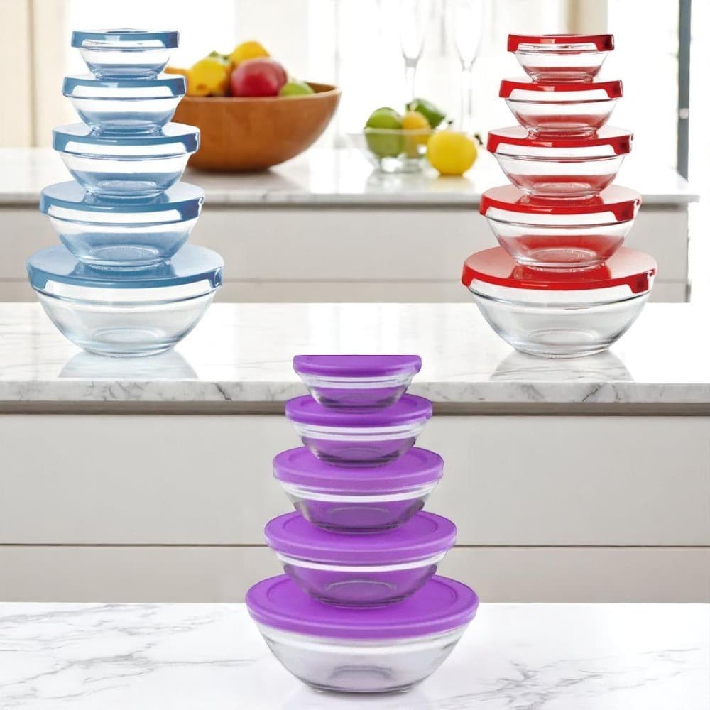 Conjunto tigela vidro bowl marmita tampa 5 peças pote redondo