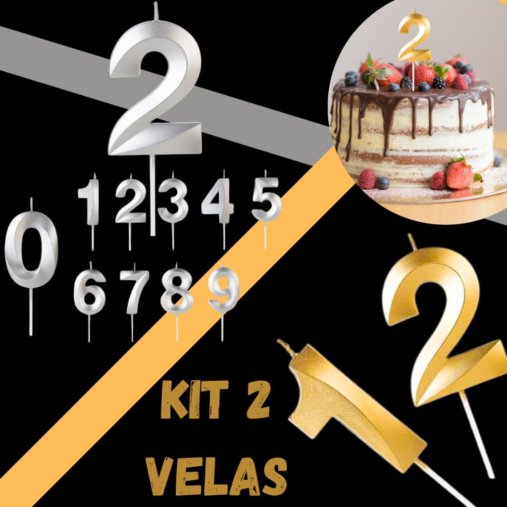 2 Vela de Aniversário Numero Bolo Prata Dourada Perolizada