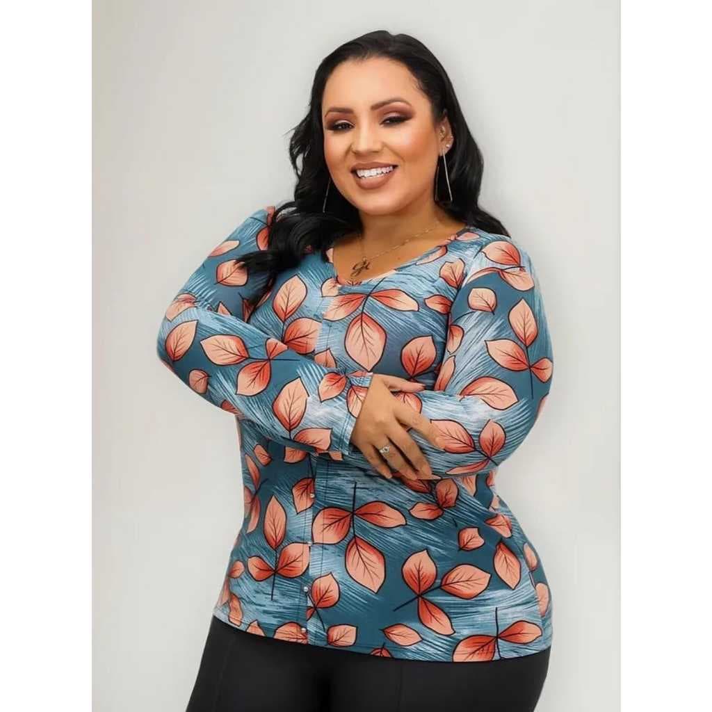 Blusa Senhora Manga Longa Liganete Meia Estação Estampada