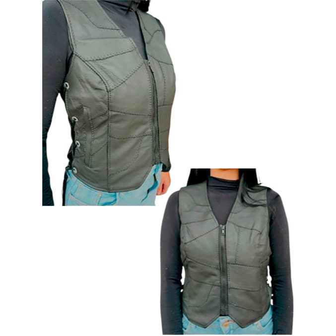 Colete Motociclista Feminino de Retalho de Couro com Regulagem Lateral.