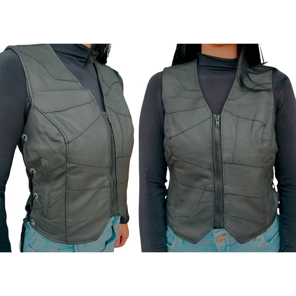 Colete Motociclista Feminino de Couro com Regulagem lateral