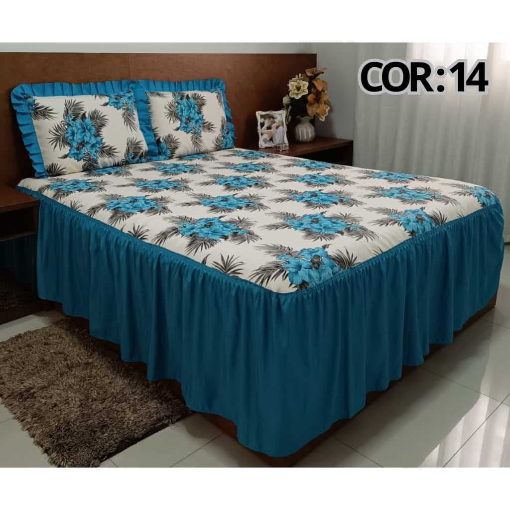 Colcha Casal  3 Peças De Sarja estampado Com Babado 2,50m x 2,40m Prática