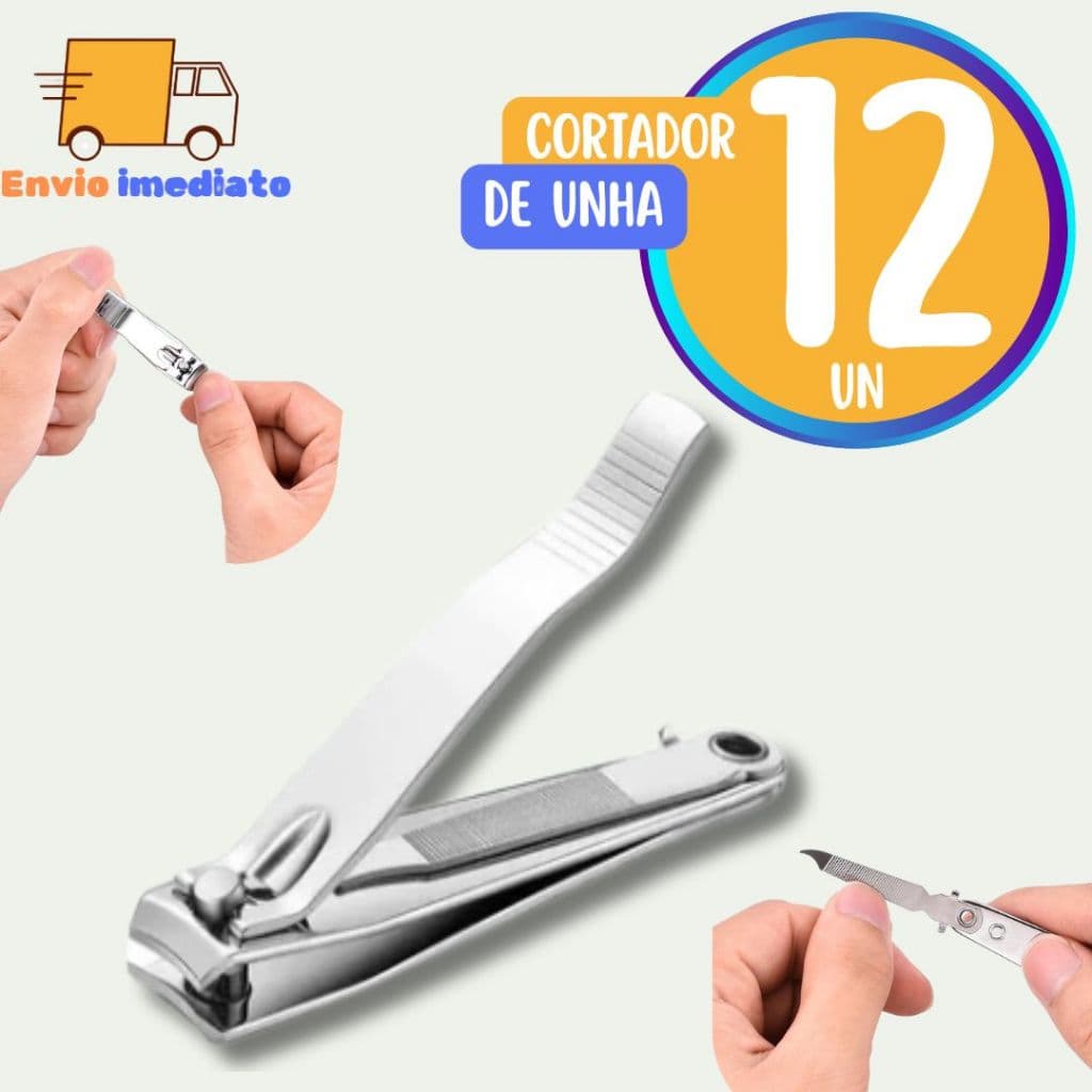 Cartela com 12 Cortador de Unha inox Lamina Curva Lixa Interna para Adulto Criança Casa Salao