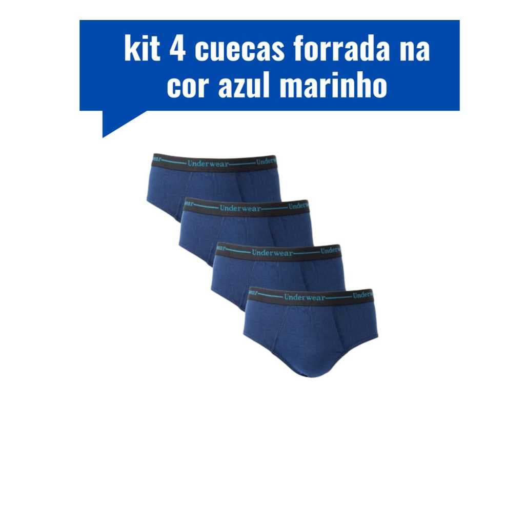 Kit 4 Cueca slip masculina forrada  com   elastico aparente 100% algodao SOMENTE NA COR AZUL MARINHO