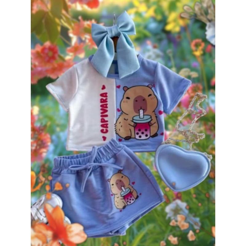 conjunto infantil minina blusa e short saia da capivara. (de 2 a 16).