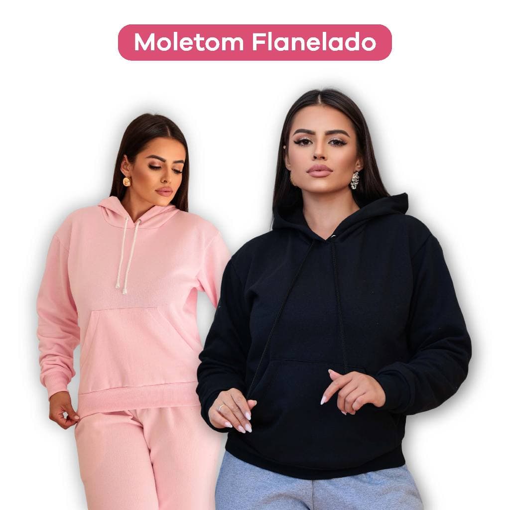 Blusa de Frio Moletom Flanelado com Capuz e Bolso Feminino Liso Canguru Blusão de Inverno - M ao GG