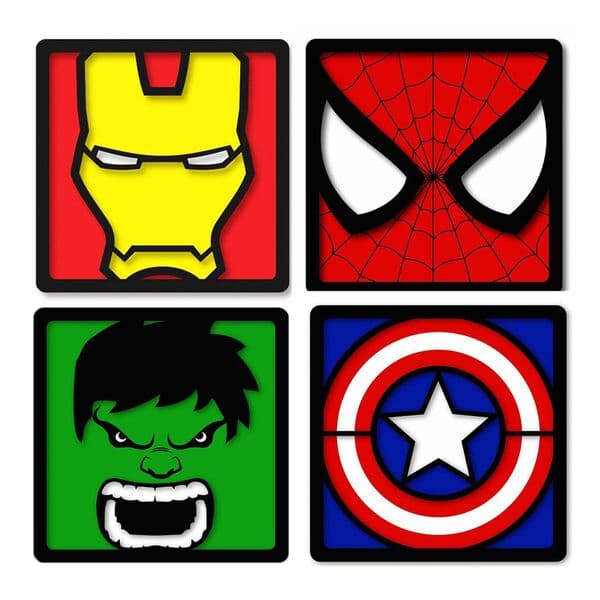Kit Com 4 Quadros Decorativos Super-heróis