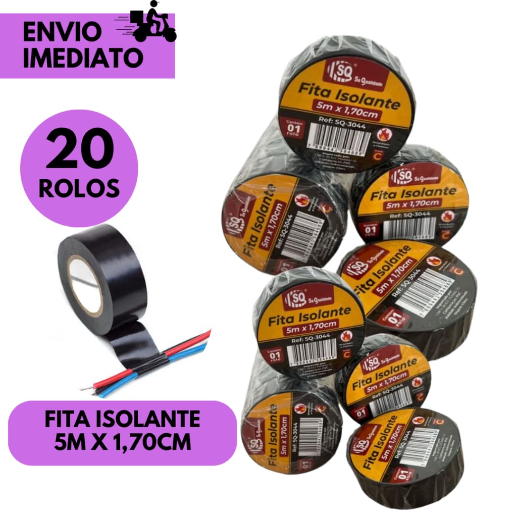 Kits 20 ou 10 Rolos Fita Isolante Preta 5 Metros x 1.7cm Alta Qualidade Uso Elétrico Resistência Dur