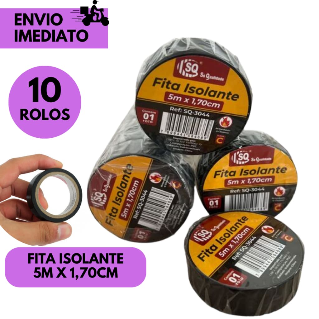 Kit 10 Rolos Fita Isolante Preta 5 Metros x 1.7cm Alta Qualidade Uso Elétrico Resistência Durável